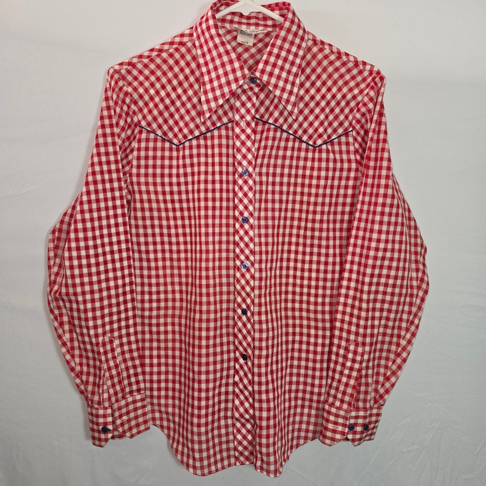 Vintage Sears Perma-Prest Red Gingham Western Shirt Women Size 16 Plaid Yoke